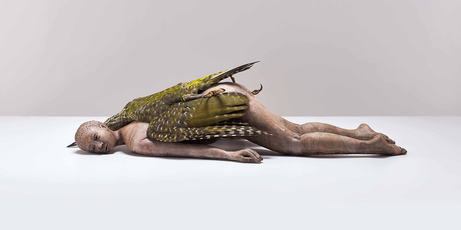 Claire Morgan, Bare, 2024, Vogelfedern (Grünspecht), Keramik bemalt, 21 x 18,6 x 41,4 cm. Foto: John MacKenzie